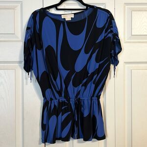 MICHAEL MICHAEL KORS Size Small P Black Blue Blouse Abstract Cinched Waist Ties
